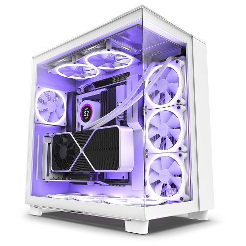 NZXT H9 Elite Premium Dual-Chamber Mid-Tower Tempered Glass Gaming Case w/ 3xF120 RGB Duo + F120Q Rear Fans & USB Type-C Port - white