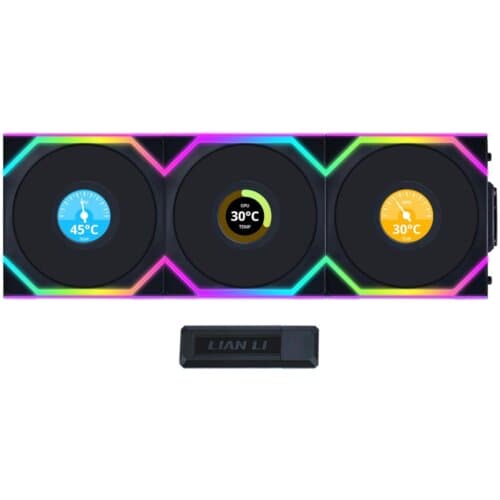Lian Li UNI FAN SL Wireless LCD 120 Kit w/ Dual Zone ARGB, High Performance Triple Pack, 1.6" IPS Full color LCD Display, Daisy-Chain Style, 2.4 GHz Wireless Controller (Included) - Black