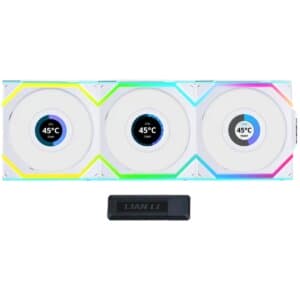 Lian Li UNI FAN SL Wireless LCD 120 Kit w/ Dual Zone ARGB, High Performance Triple Pack, 1.6" IPS Full color LCD Display, Daisy-Chain Style, 2.4 GHz Wireless Controller (Included) - White
