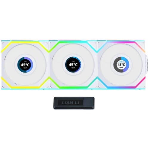 Lian Li UNI FAN SL Wireless LCD 120 Kit w/ Dual Zone ARGB, High Performance Triple Pack, 1.6" IPS Full color LCD Display, Daisy-Chain Style, 2.4 GHz Wireless Controller (Included) - White