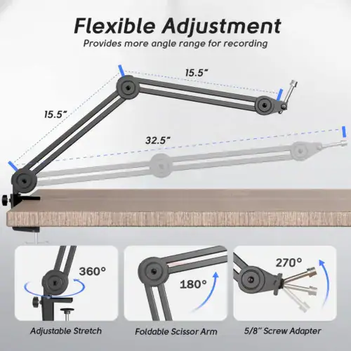 FIFINE BM63 Boom Arm Stand with 15.5″ Arms, Build-in Springs, Handling Max 2 Kilograms of Weight for All Standard Mics, Mounts - Image 3