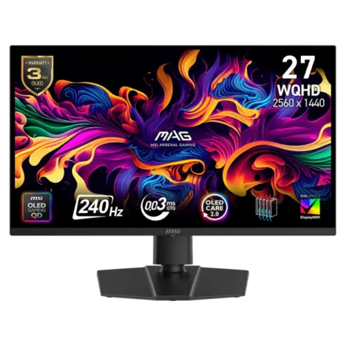 MSI MAG 273QP QD-OLED X24 27" Rapid IPS FLAT Resolution 2560 x 1440 (WQHD) QD-OLED 240Hz 0.3ms HDR True Black 400 2x HDMI 2.1 (WQHD@240Hz) 1x DisplayPort 1.4a (HBR3)