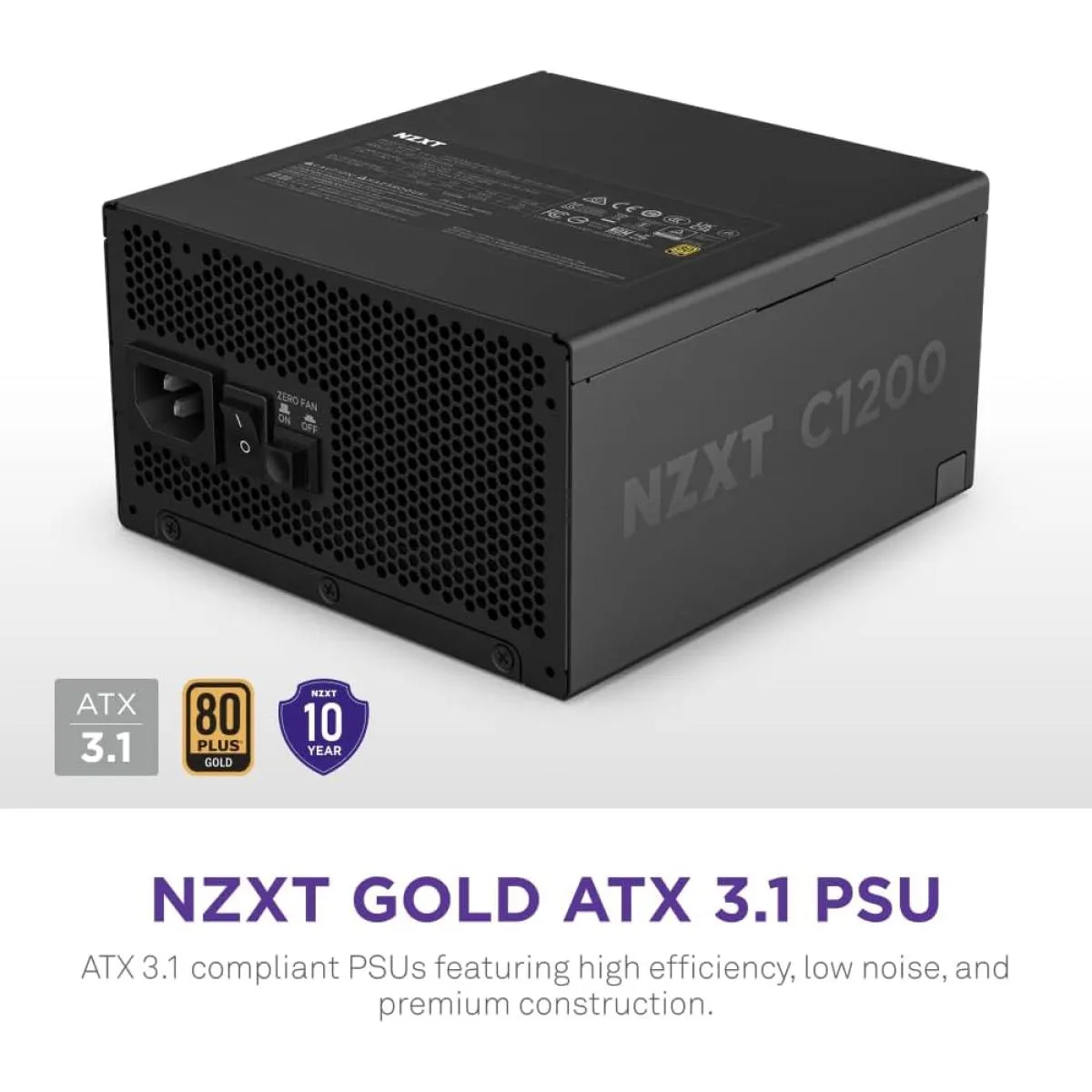 NZXT C1200, 1200W 80+ Gold Full Modular ATX (3.1) (PCIe 5.1) Gaming Power Supply w/ 135mm fluid dynamic bearing fan with Zero Fan Mode (Black) - Image 3