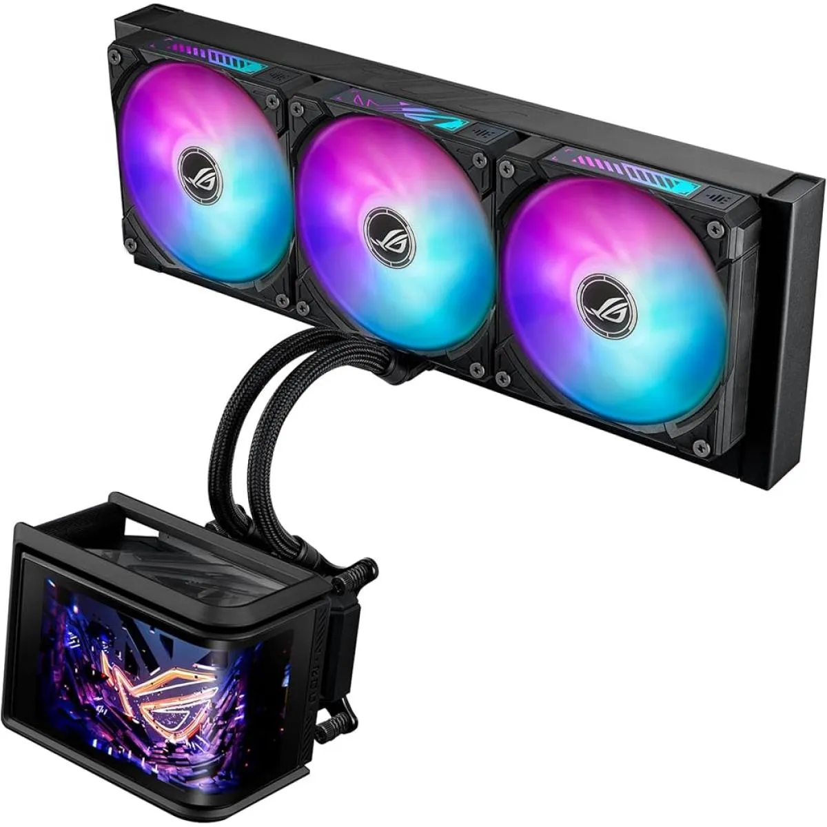 ASUS ROG Ryuo IV SLC 360 ARGB 6.67" AMOLED 3D Curved Panoramic Display, Ultra Performance All-In-One 360mm Liquid CPU Cooler, Sliding LCD Panel w/ Pre-Installed 3x ROG RYUO IV MF-12C ARGB Fan - Black - Image 2