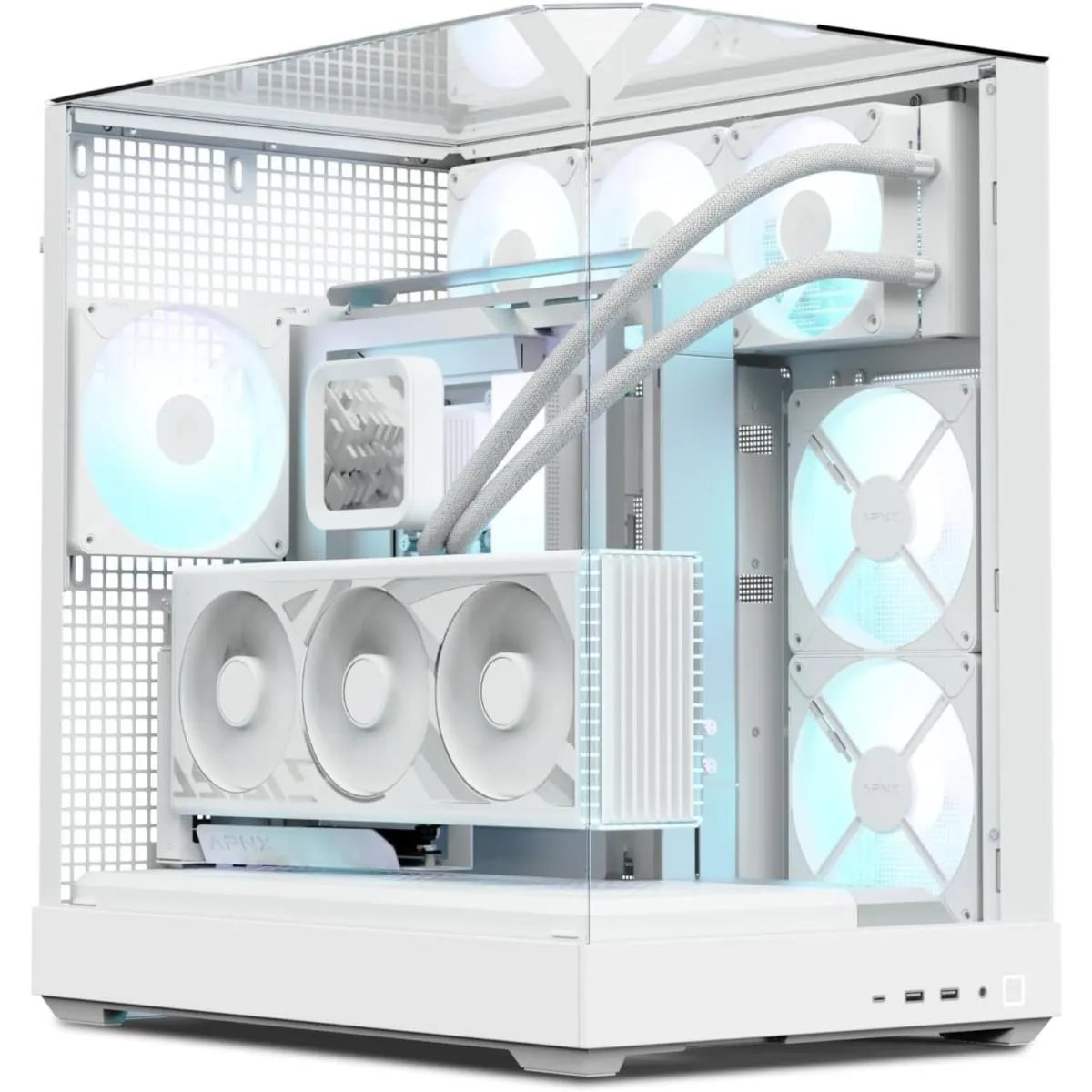 APNX V2 (White) Dual Chamber Premium Sleek Panoramic 3 Glasses Design ATX Mid Tower Tempered Glass Gaming Case w/ 4x140mm ARGB Fans, Support Up To 10x12cm Fans, Reverse Connector Motherboard & Type-C