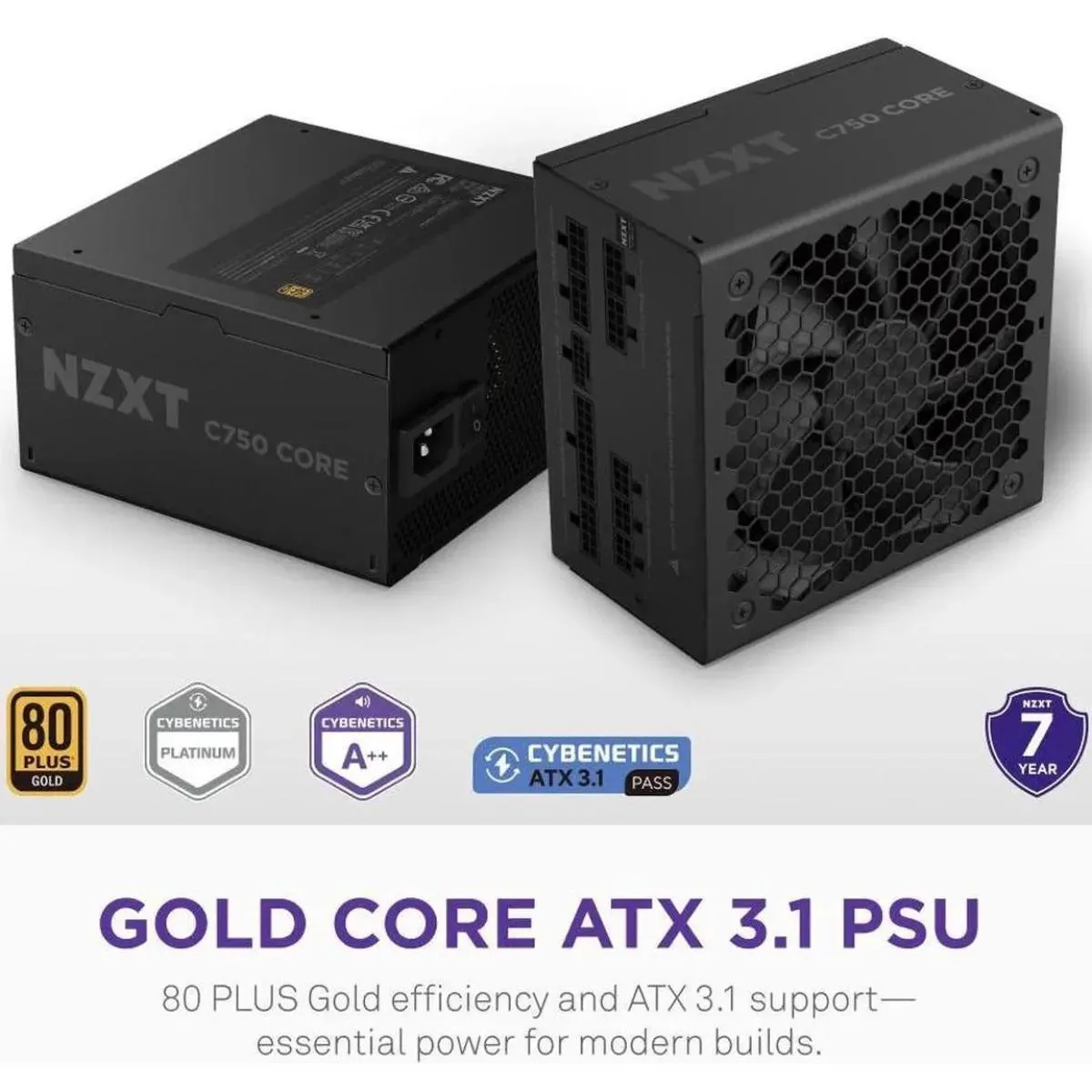 NZXT C750 Gold Core, 750W 80+ Gold Full Modular ATX (3.1) (PCIe 5.1) Gaming Power Supply w/ 135mm fluid dynamic bearing fan with Zero Fan Mode (Black) - Image 2
