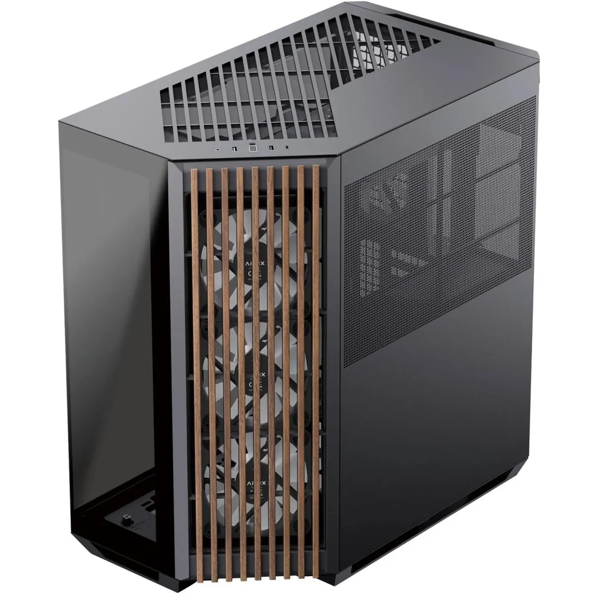 APNX V1 (Black/Wood) Dual Chamber Panoramic 2 Glasses Design ATX Mid Tower Mesh Ventilation Pattern Tempered Glass Gaming Case w/ 4x120mm ARGB Fans, Adjustable Motherboard Position Bracket, Support Up To 10x12cm Fans & Type-C