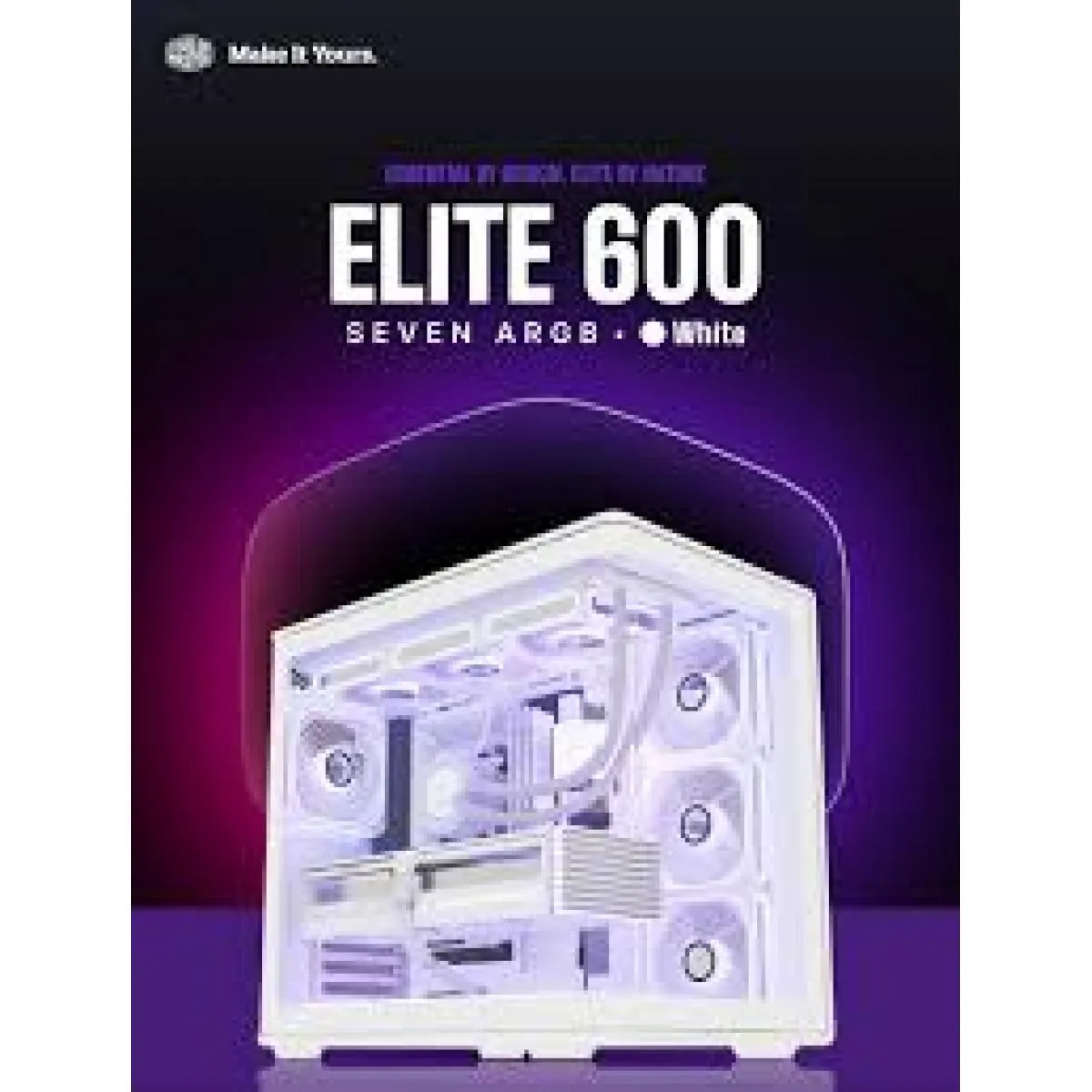 Cooler Master Elite 600 (White) ATX ARGB Mid Tower Tempered Glass Panoramic Dual Chamber Fish Tank Gaming Case w/ 7 x120mm ARGB Fan (Side Reverse) & Type-C