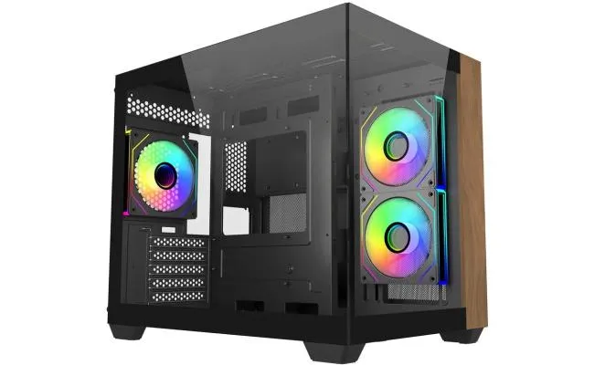 Cooler Master Elite 481 Wood (Black) Micro ATX ARGB Mid Tower Tempered Glass + Wood Panoramic Dual Chamber Fish Tank Gaming Case w/ 3 x120mm ARGB Fan (Side Reverse) & Type-C