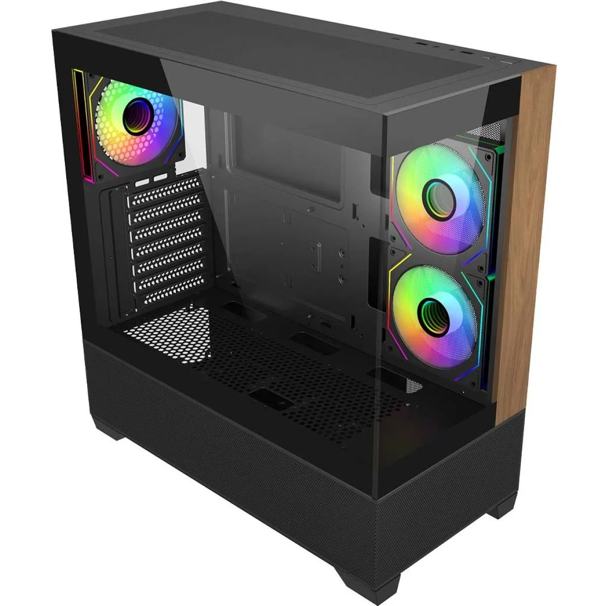 Cooler Master Elite 690 Wood (Black) ATX ARGB Mid Tower Tempered Glass + Wood Panoramic Fish Tank Gaming Case w/ 3 x120mm ARGB Fan (Side Reverse) & Type-C - Image 2