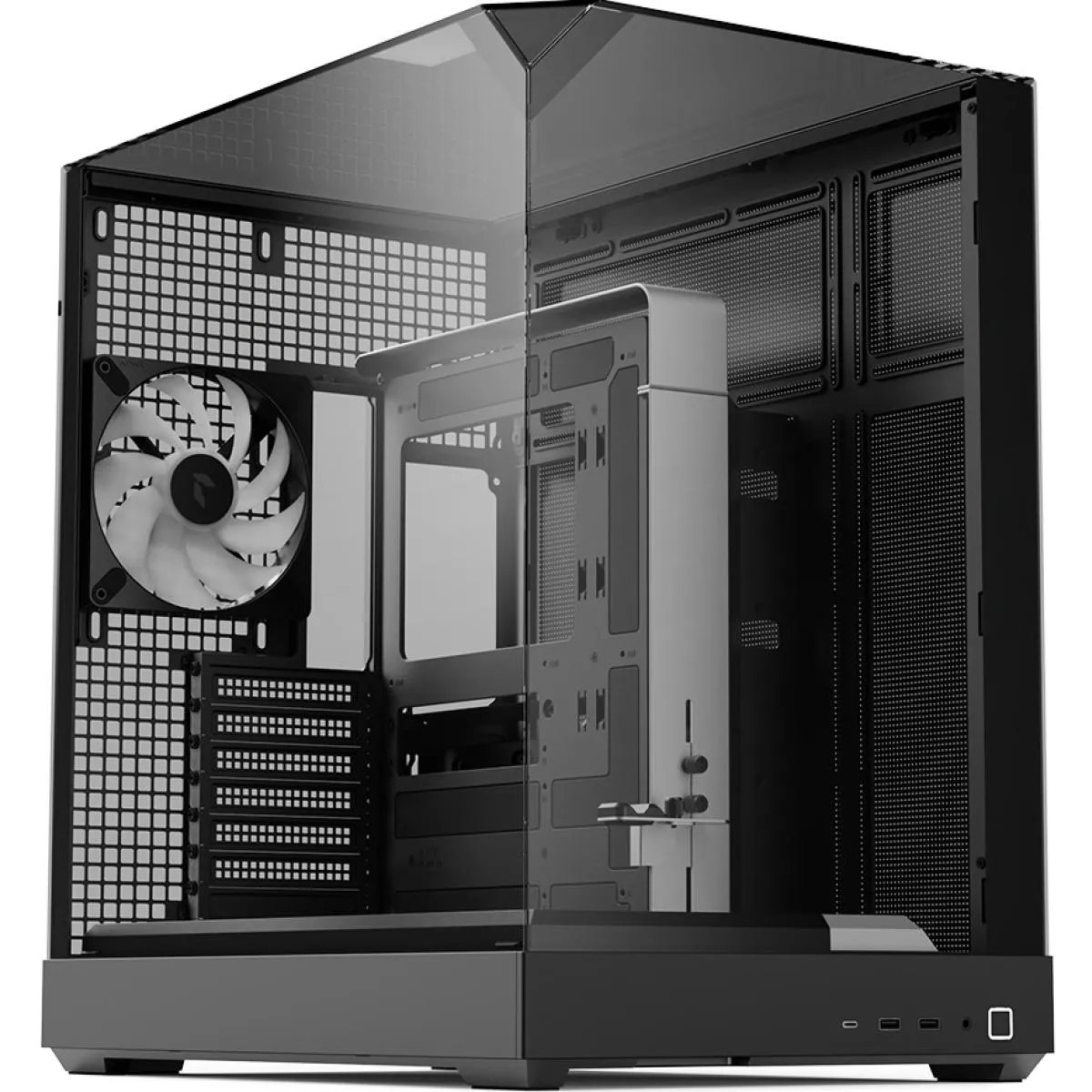 APNX V2 (Black) Dual Chamber Premium Sleek Panoramic 3 Glasses Design ATX Mid Tower Tempered Glass Gaming Case w/ 4x140mm ARGB Fans, Support Up To 10x12cm Fans, Reverse Connector Motherboard & Type-C - Image 2