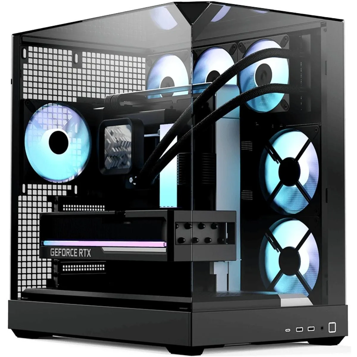 APNX V2 (Black) Dual Chamber Premium Sleek Panoramic 3 Glasses Design ATX Mid Tower Tempered Glass Gaming Case w/ 4x140mm ARGB Fans, Support Up To 10x12cm Fans, Reverse Connector Motherboard & Type-C