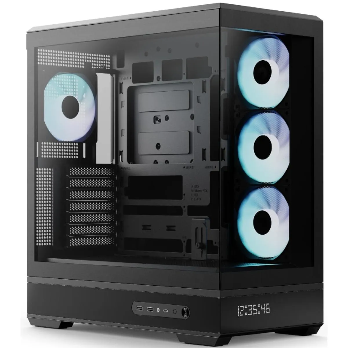 AeroCool P500B DIGI (Black) ARGB Stylish Panoramic Fish Tank Design ATX Mid Tower Tempered Glass Gaming Case w/ Dot-Pixel Display For System Stats, 4 Pre-installed 120mm ARGB Fans, Type-C & BTF Compatibility