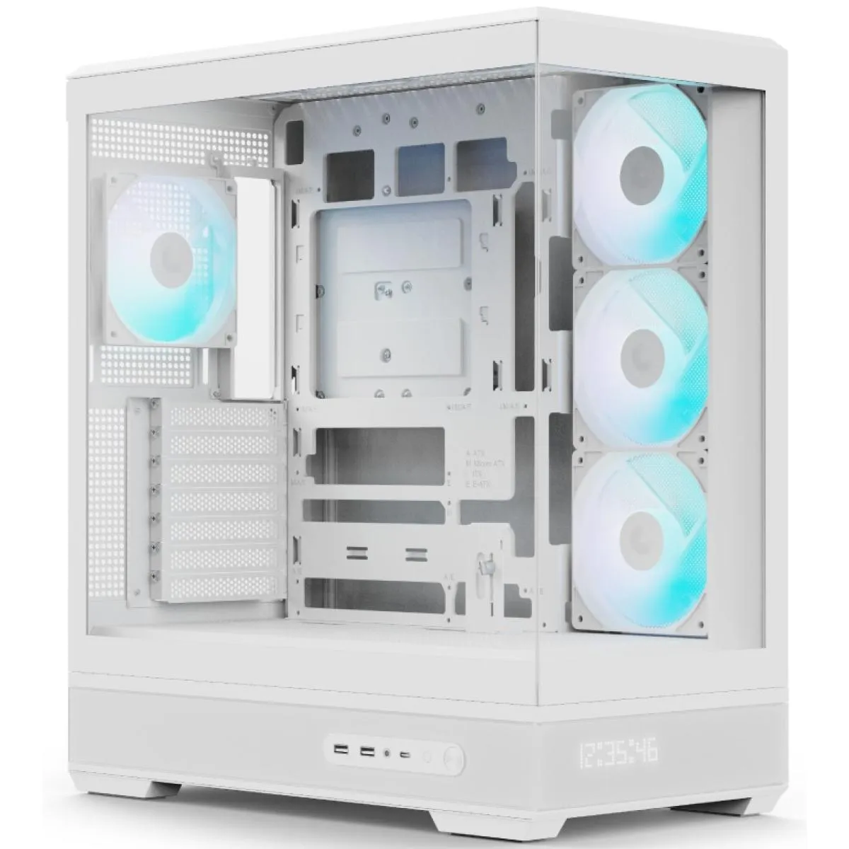 AeroCool P500B DIGI (White) ARGB Stylish Panoramic Fish Tank Design ATX Mid Tower Tempered Glass Gaming Case w/ Dot-Pixel Display For System Stats, 4 Pre-installed 120mm ARGB Fans, Type-C & BTF Compatibility - Image 3