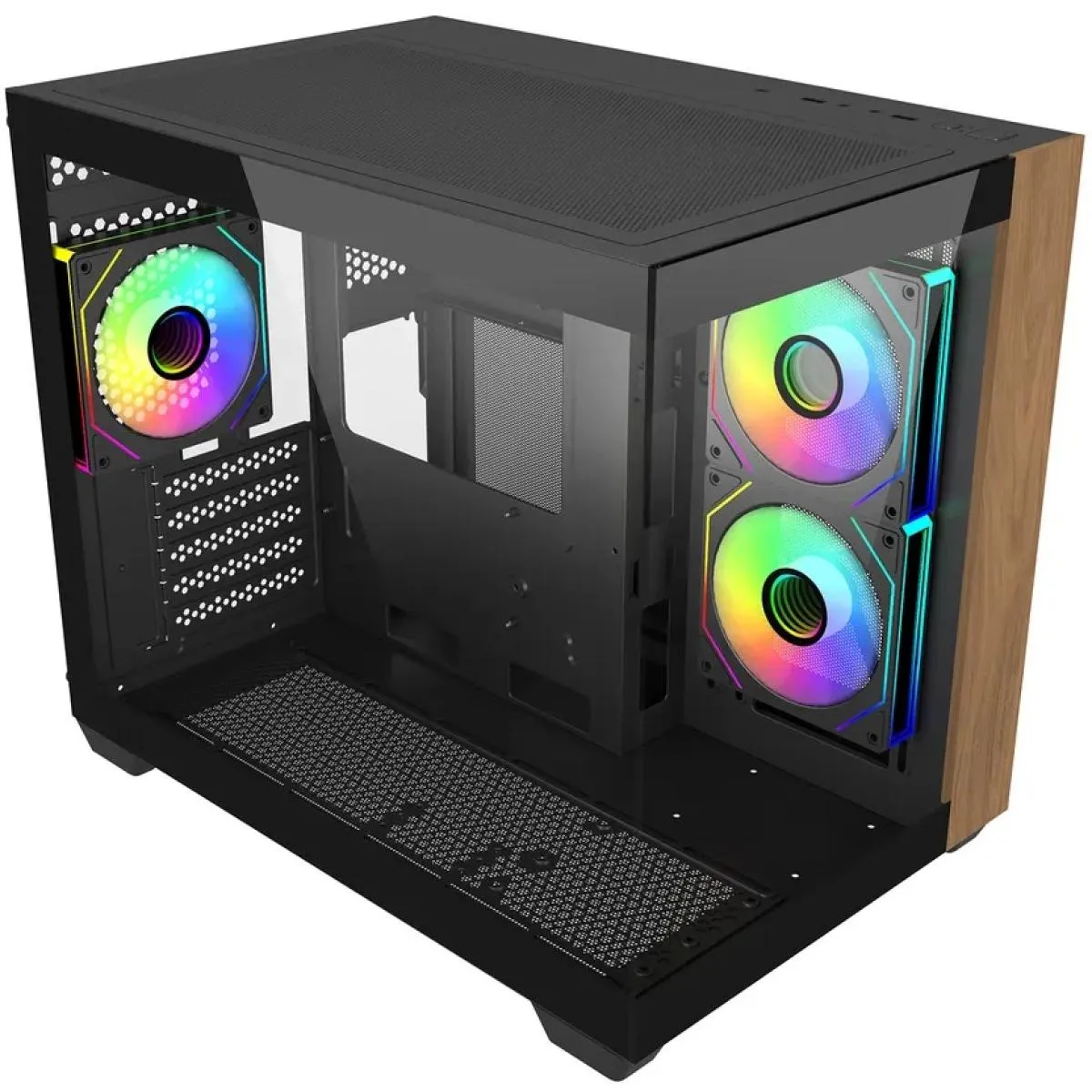 Cooler Master Elite 481 Wood (Black) Micro ATX ARGB Mid Tower Tempered Glass + Wood Panoramic Dual Chamber Fish Tank Gaming Case w/ 3 x120mm ARGB Fan (Side Reverse) & Type-C - Image 2